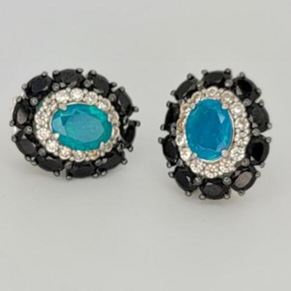 Genuine Untreated Paraiba Blue Opal Black Spinel White Zircon Earrings - Picture 8 of 16